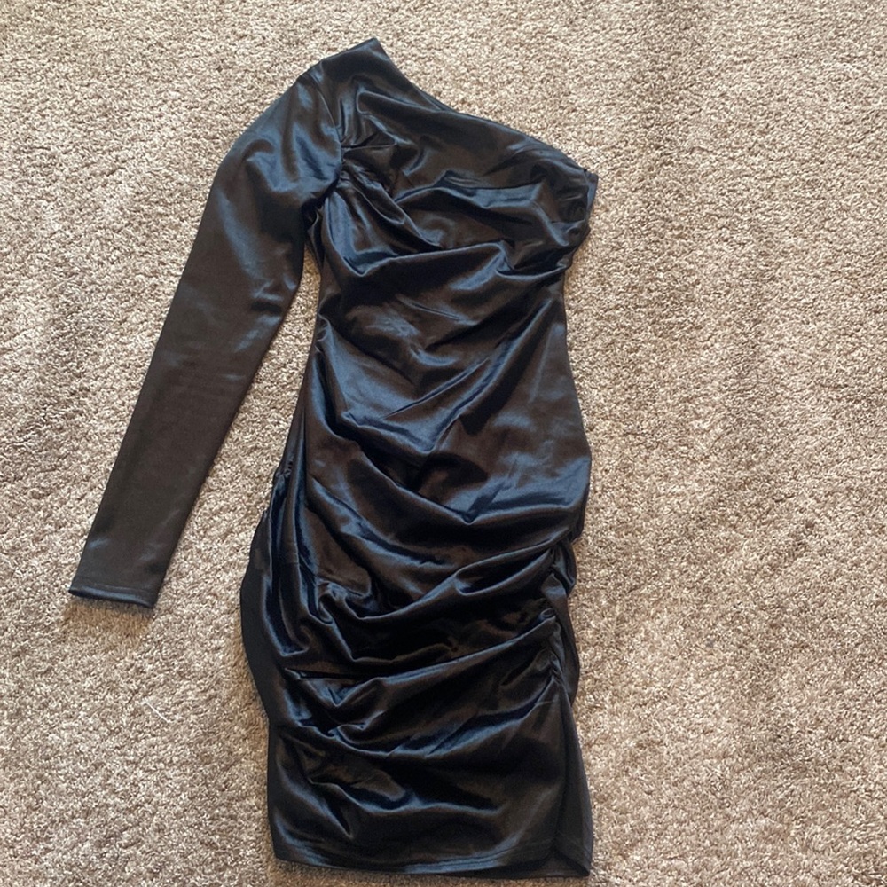 Dillard’s black satin one shoulder dress